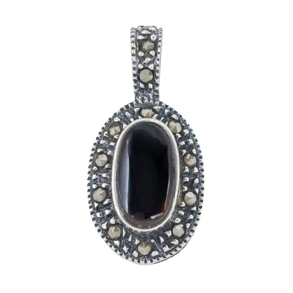 Estate Sterling Silver 925 Marcasite Oval Onyx Pendant - Picture 4 of 9